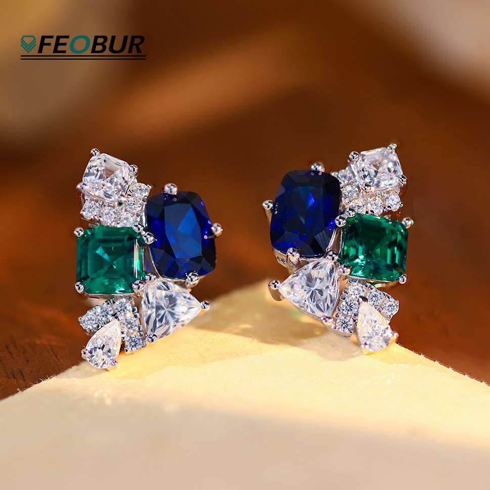 Cluster Stud Ear - 3.2cttw 랩 사파이어 에메랄드 여성용 하이